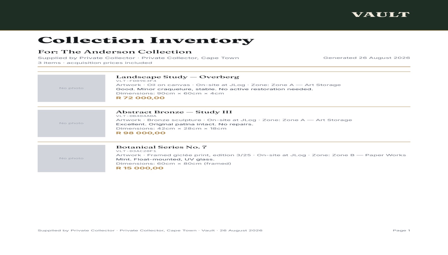 Vault PDF inventory report showing three artworks with valuations for The Anderson Collection