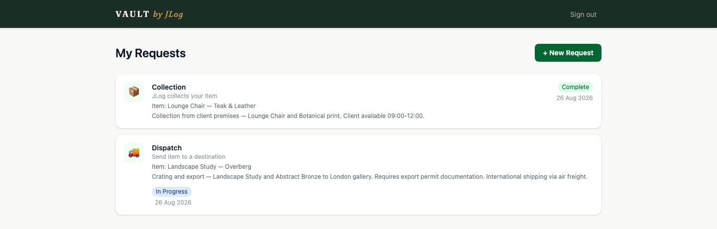 Vault requests view showing a Collection and a Dispatch request for a private client
