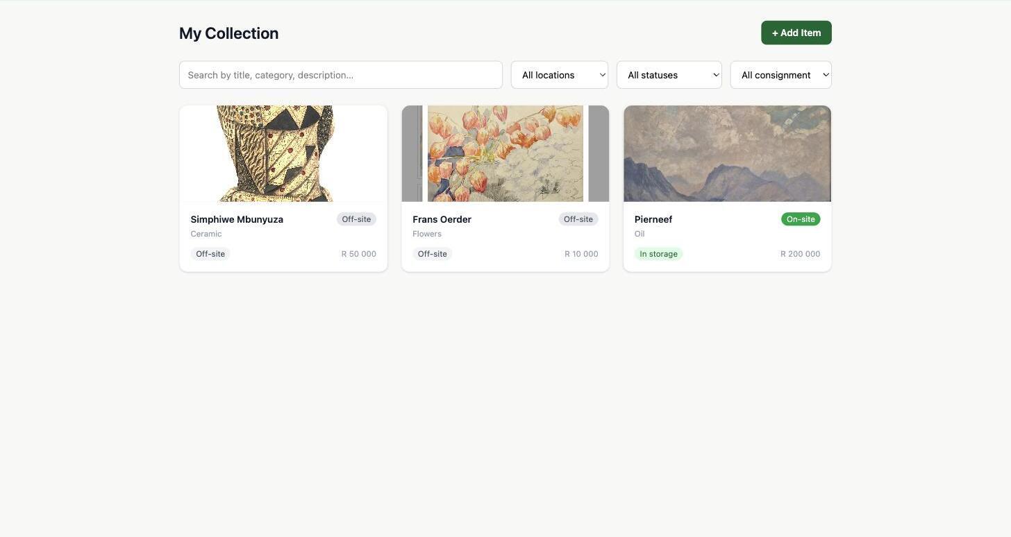 Vault dashboard showing a list of registered items with categories and status