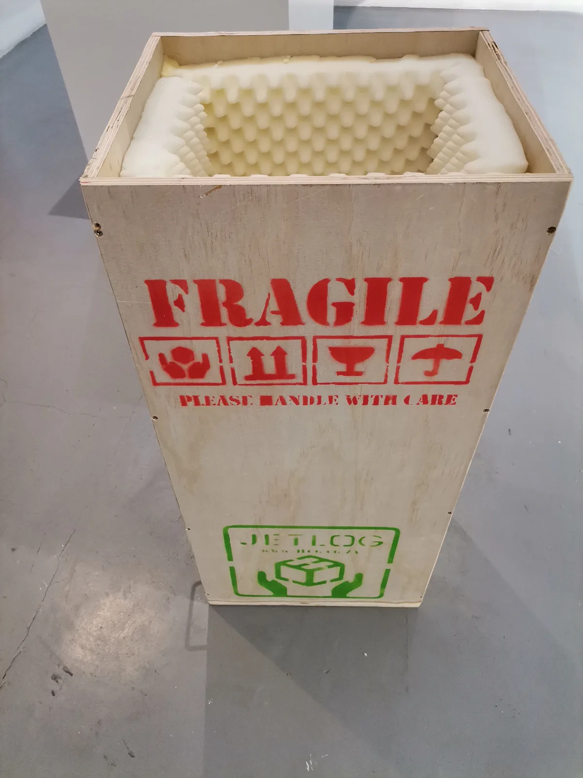 Custom JLog plywood export crate lined with protective foam, stencilled Fragile and Handle With Care