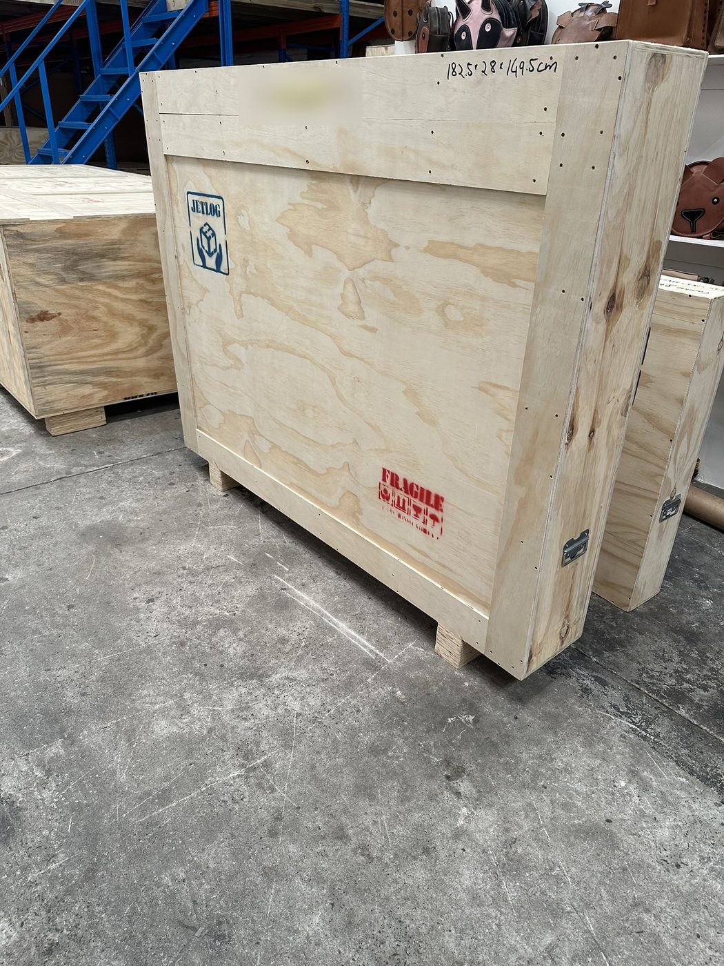 Slim custom plywood art crate built to 182.5 × 28 × 149.5 cm for a large painting, JLog Cape Town